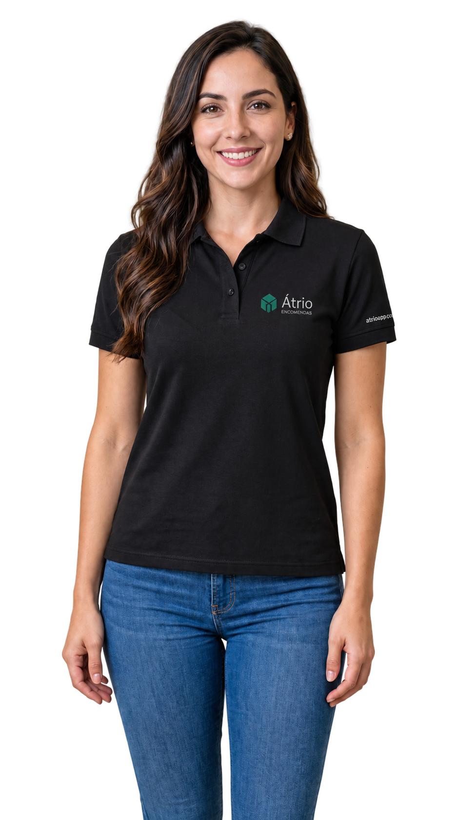 Átria, assistente virtual do Átrio, em pé com uniforme da empresa
